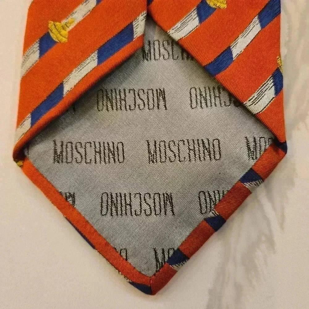 Moschino Mens 100% Silk Made In Italy Tie Burnt Orange Blue